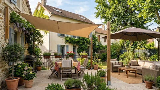 Terrasse avec voile d'ombrage et parasol