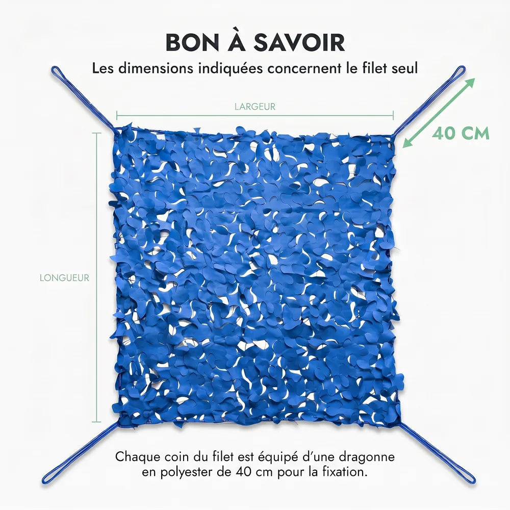 À savoir : dimensions du filet seul, dragonne en polyester de 40 cm à chaque coin, filet bleu