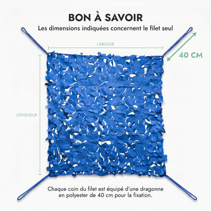 À savoir : dimensions du filet seul, dragonne en polyester de 40 cm à chaque coin, filet bleu