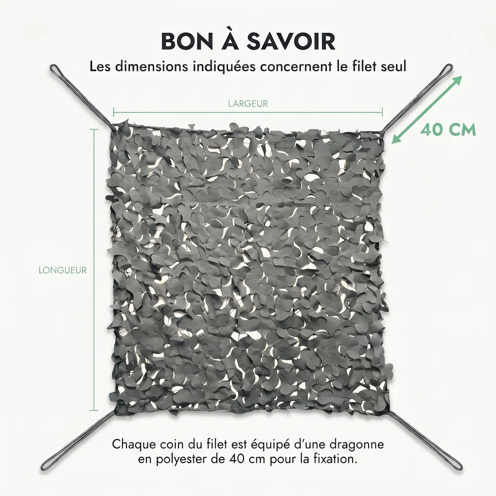 À savoir : dimensions du filet seul, dragonne en polyester de 40 cm à chaque coin, filet gris