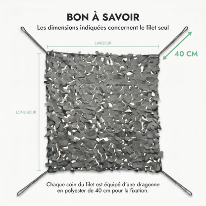 À savoir : dimensions du filet seul, dragonne en polyester de 40 cm à chaque coin, filet gris