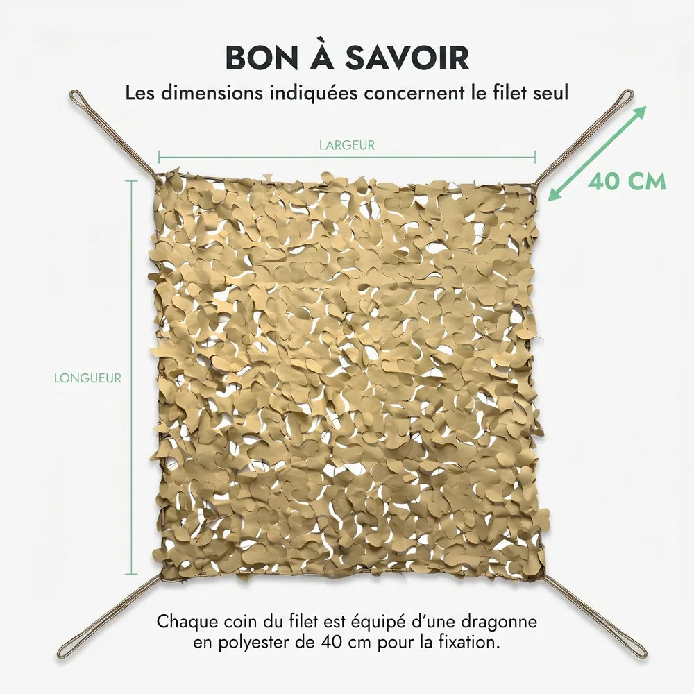 À savoir : dimensions du filet seul, dragonne en polyester de 40 cm à chaque coin, filet sable