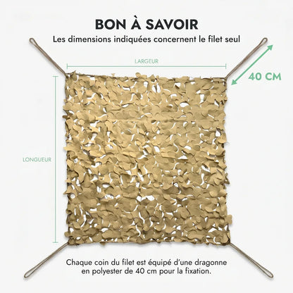 À savoir : dimensions du filet seul, dragonne en polyester de 40 cm à chaque coin, filet sable