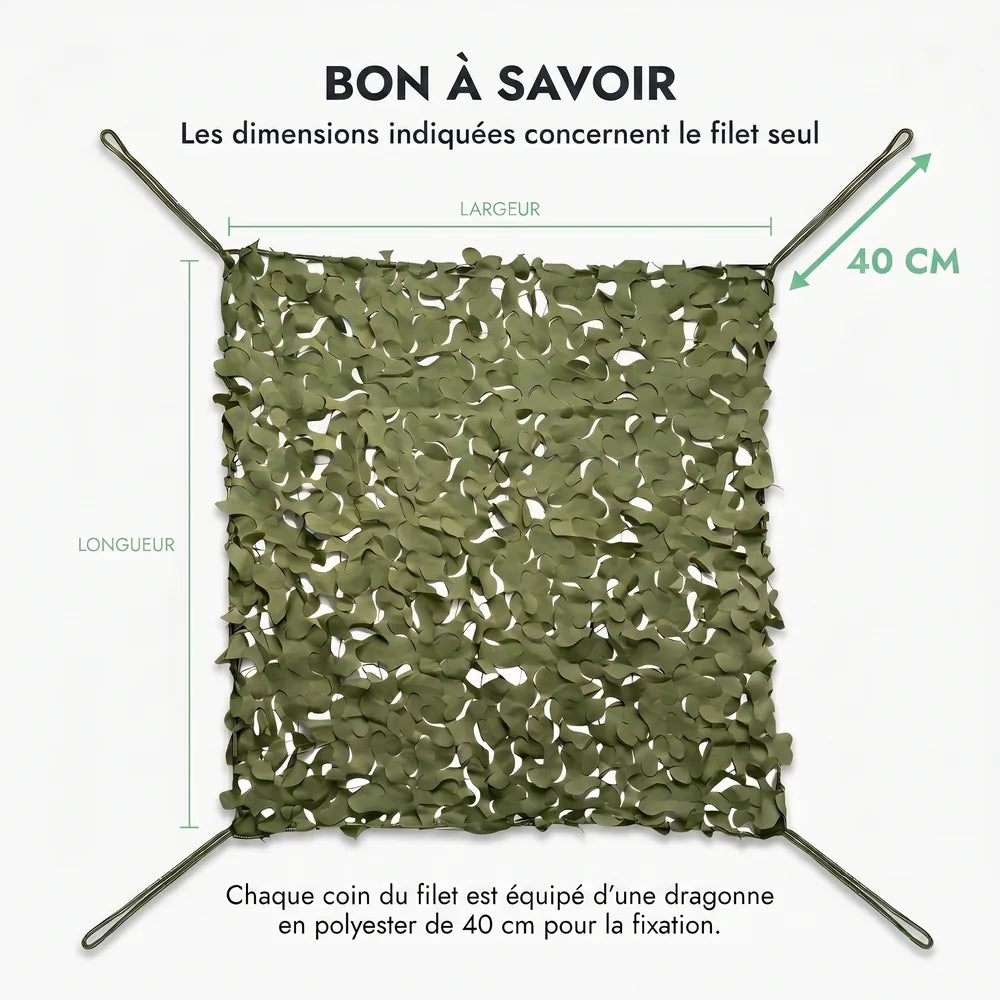 À savoir : dimensions du filet seul, dragonne en polyester de 40 cm à chaque coin, filet vert