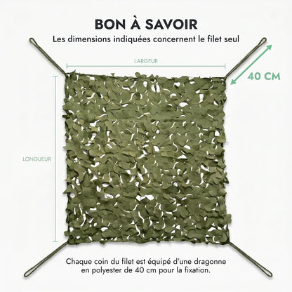 À savoir : dimensions du filet seul, dragonne en polyester de 40 cm à chaque coin, filet vert