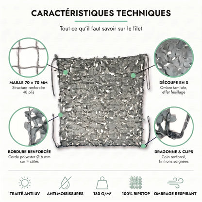 Caractéristiques techniques du filet de camouflage gris : maille 70 × 70 mm, découpe en S, bordure renforcée, dragonne et clips