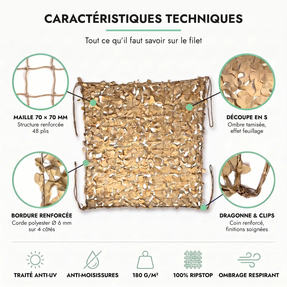 Caractéristiques techniques du filet de camouflage sable : maille 70 × 70 mm, découpe en S, bordure renforcée, dragonne et clips
