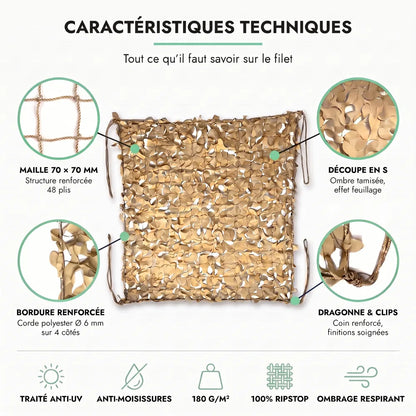 Caractéristiques techniques du filet de camouflage sable : maille 70 × 70 mm, découpe en S, bordure renforcée, dragonne et clips