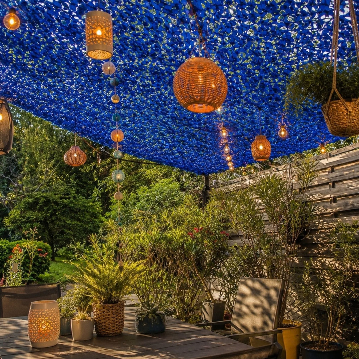 Filet de camouflage bleu au-dessus d'une terrasse décorée de lanternes