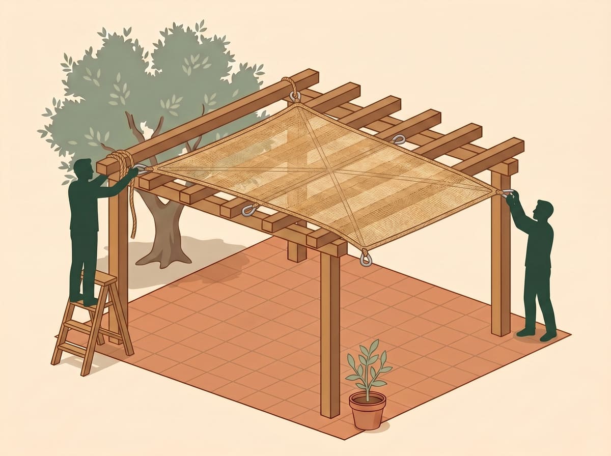 Relier chaque cosse-cœur à la pergola avec la corde coco puis tendre